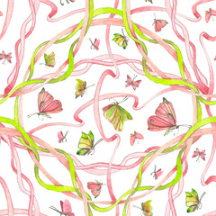 Seamless watercolor pattern with ribbons and butterflies on a white background.