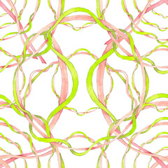 Seamless watercolor pattern with ribbons on a white background.