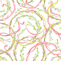 Seamless watercolor pattern with young cherry branches and ribbons on a white background.