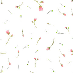 Watercolor pattern on the theme of spring on a white background. Endless pattern with images of spring, blooming, young branches and petals.