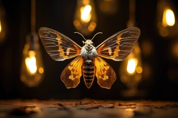 a moth spreads wings against a lightbulb - Powered by Adobe