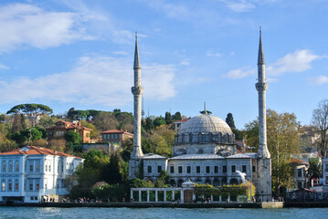 Fototapeta na wymiar Closer look to see beautiful Muslim architecture of Hamid-i Evvel Camii Mosque, located on the waterfront of Bosphorus strait, Istanbul, Türkiye.