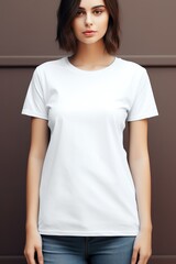 Obraz premium T-shirt mockup. White blank t-shirt front and back views. female clothes wearing clear attractive apparel tshirt models template | Generative AI