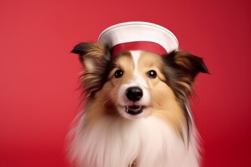 Lifestyle portrait photography of a cute shetland sheepdog wearing a sailor suit against a ruby red background. With generative AI technology