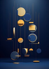 Invitation of Stylized Blue and Gold Discs of different Sizes Hanging From Gold Threads