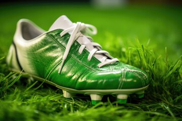 detail of a football cleat stepping on bright green grass