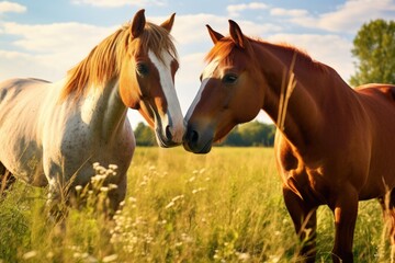 a pair of horses nuzzling each other in a sunny pasture