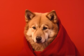 Photography in the style of pensive portraiture of a happy finnish spitz wearing a thermal blanket against a ruby red background. With generative AI technology