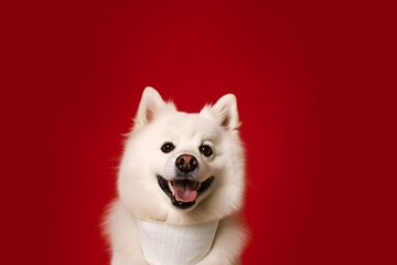 Medium shot portrait photography of a happy american eskimo dog wearing a bandage against a ruby red background. With generative AI technology - obrazy, fototapety, plakaty