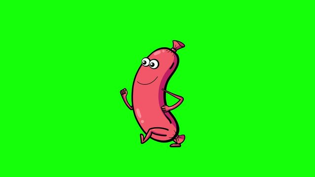 Walking cartoon sausages greenbox. Fast food character steps. Funny short animation. Meet the meat walking fast to ketchup party. They want to become hot dogs. 