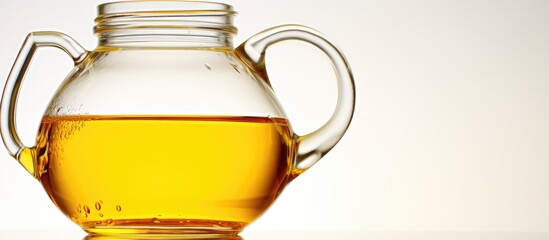 Cooking oil poured from pitcher onto white background - obrazy, fototapety, plakaty