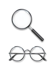 Spectacles and Magnifier of a detective, adaptations for otic investigations of crimes. Lens optics vintage fashion glasses. Vector