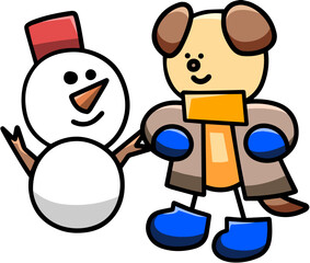 雪だるまを作るわんまるのイラスト　犬
