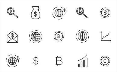 Finance icons. Business Icons, money signs. Money silhouette collection. Bitcoin. Coins silhouette icon.