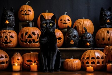an array of hand-carved pumpkin lanterns and a black cat