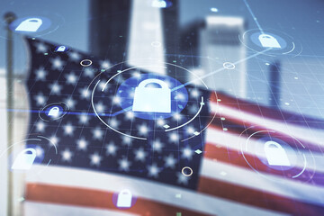 Fototapeta na wymiar Double exposure of virtual creative lock hologram with chip on USA flag and blurry cityscape background. Information security concept