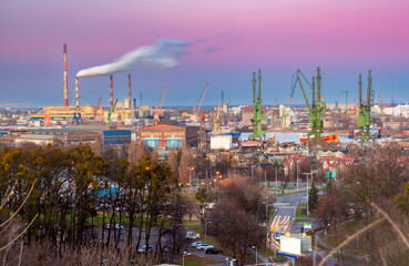 Obraz premium Aerial industrial view of the Gdansk Shipyard at night, Poland