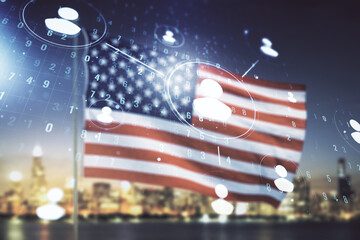 Abstract virtual social network hologram on USA flag and blurry skyscrapers background. Double exposure