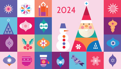 Merry Christmas and Happy New Year 2024  holiday template design banner, poster, card, cover  Gifts, Santa, ball toy, christmas tree, snowflake   Modern Xmas flat cartoon cute vector illustration