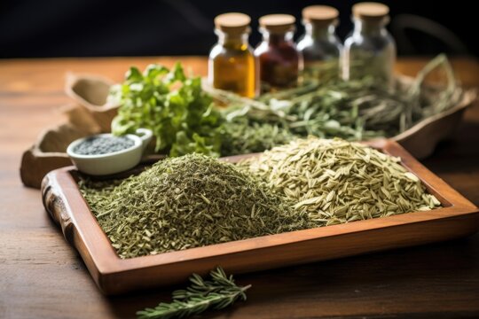 assorted dried herbs known for promoting sleep on wooden tray