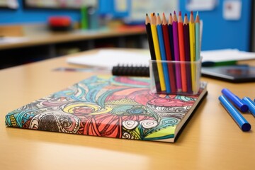 doodle covered notebook on a classroom desk