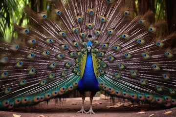 Obraz premium a peacock displaying its plumage in front of drab peacocks