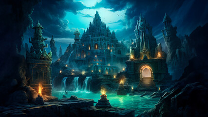 Naklejka premium Illustration of remains of the lost city of Atlantis, imaginative images, mysteries and curiosity