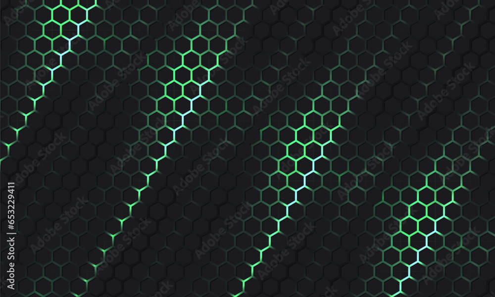 Poster Dark hexagonal technology vector abstract background. Green bright energy flashes under hexagon in futuristic illustration modern technology background. Dark honeycomb texture grid.