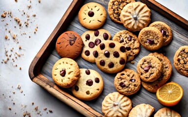 An assortment of cookies, including oatmeal raisin, peanut butter, and snickerdoodle, on a rustic wooden tray.