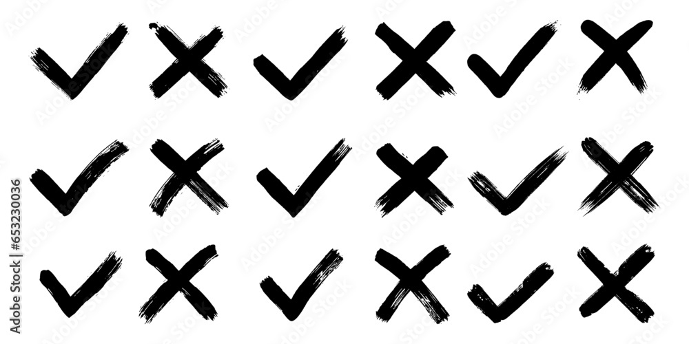 Poster grunge hand drawn brush strokes cross x and tick ok check marks v vector illustration set isolated o