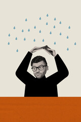 Vertical composite creative photo collage of disappointed man hold book over head hiding from rain isolated white color background