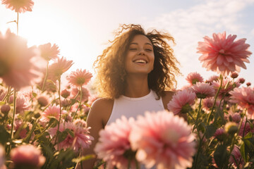 Beautiful smiling carefree woman with opened arms in a meadow - Powered by Adobe