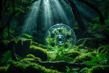 Gordijnen Fantasy world scene with film reels in enchanted forest © IonelV