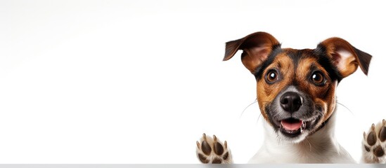 Jack Russell Terrier puppy posing with raised paw isolated on white background to represent motion...