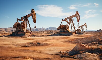 Old rusted crude oil pumpjack rig in desert. Oil drill rig and pump jack against blue sky. Petroleum production from the ground.