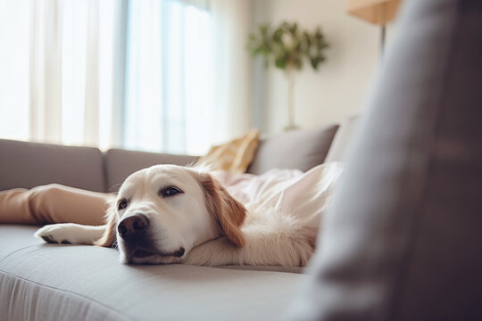 Cute sleepy dog resting on the sofa in the bright living room
