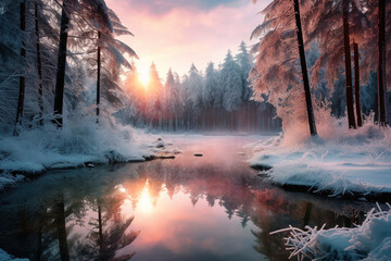 Fototapeta premium Ephemeral frozen forest landscape with the fleeting beauty of winter and its transient charm
