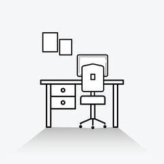 Office desk or table with computer and photo frame. Liner icon with editable stroke. Logo concept