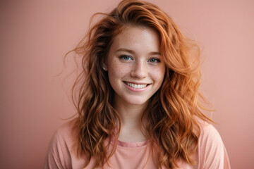 Beautiful young smirking woman with a charming smile with dazzling white teeth on the pink background. Generative ai.