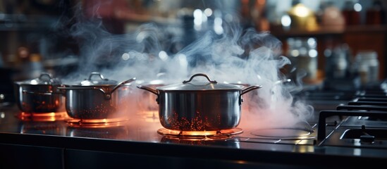 Selective focus on boiling water with steam in a kitchen pot on an electric stove