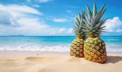 Pineapples fruits on sandy tropical beach with blue sky and sea water, blue ocean background with copy-space. Leisure in summer and holiday vacation concept.