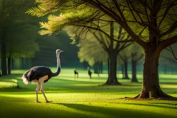 Deurstickers "Elegance in Flight: Graceful Ostrich and Flamingo Silhouettes in Nature" © Aziz