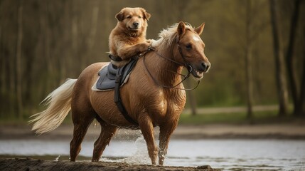 Fluffy puppy riding on a muscular horse