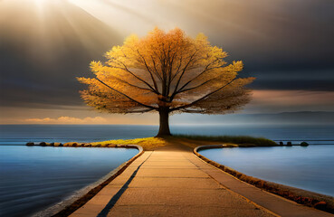 tree in the middle of the lake, png