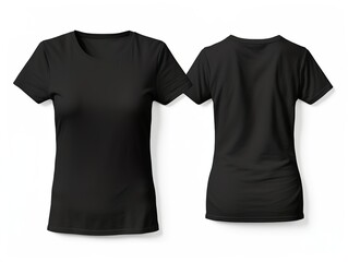 T-shirt mockup. Black blank t-shirt front and back views. female clothes wearing clear attractive apparel tshirt models template | Generative AI