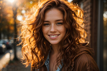 Photo of an attractive freckled redhead young woman smiling portrait symbolizing autumn season during late sunset with a sunflares in the background. Generative ai.
