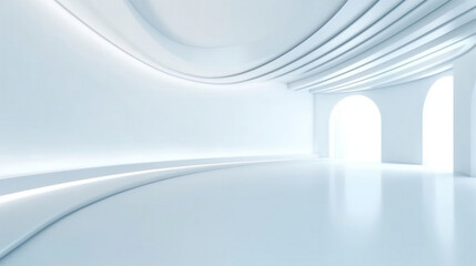 Minimalism white curvy indoor space futuristic architecture abstract background.