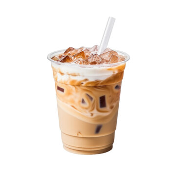 Iced cold coffee latte in plastic cup isolated on transparent background