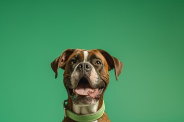 Close-up portrait photography of a happy boxer dog wearing a visor against a spearmint green background. With generative AI technology
