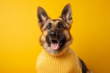 Medium shot portrait photography of a happy german shepherd wearing a jumper against a gold background. With generative AI technology